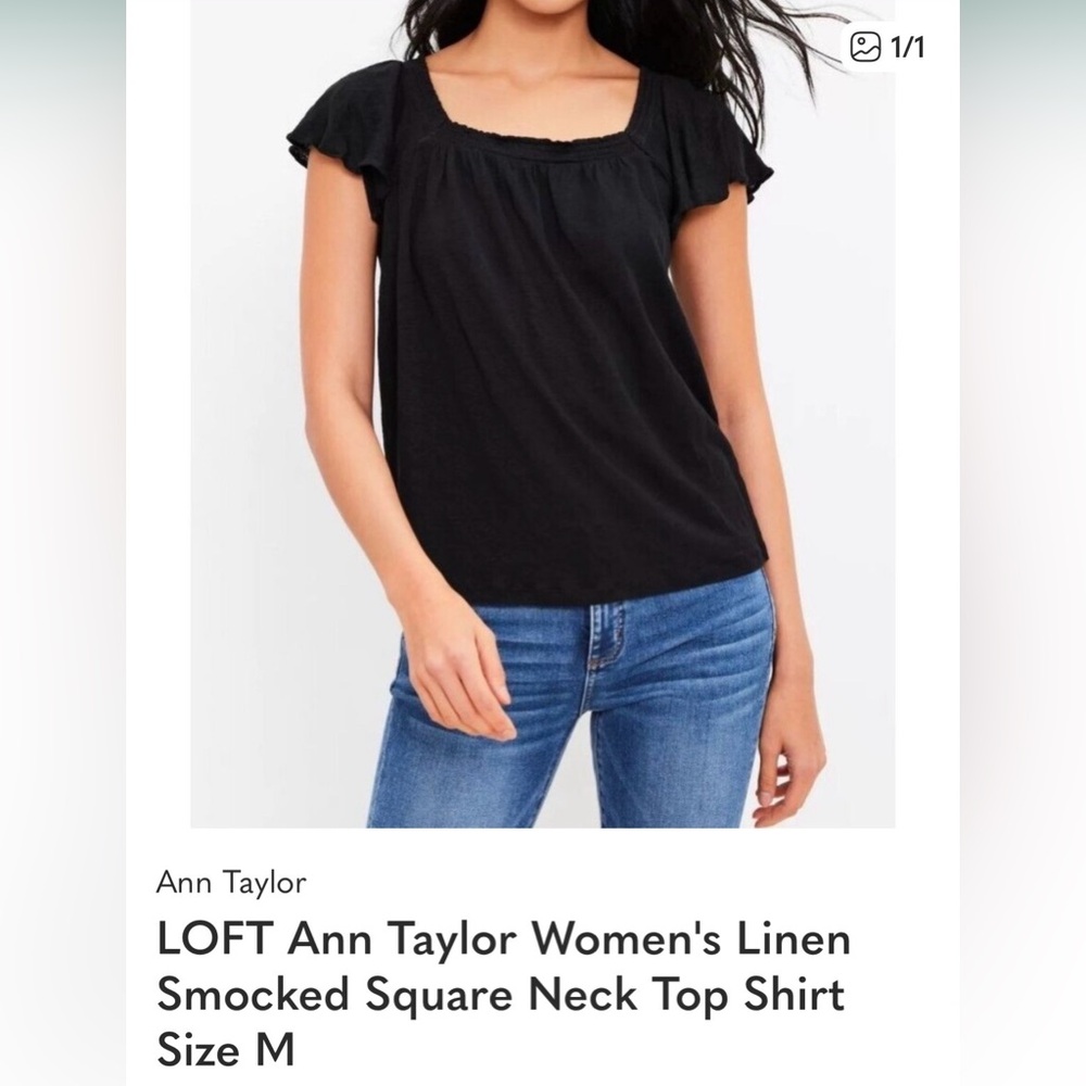 LOFT Linen Smocked Square Neck Top Shirt
Size M Black